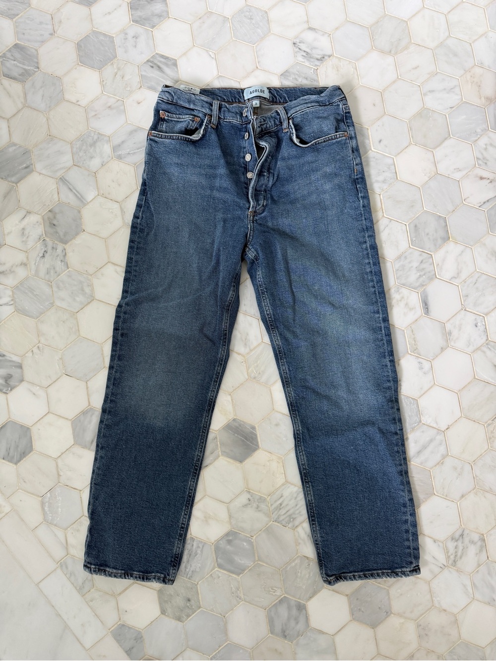 Agolde 90s pinch waist Straight-Leg Button-Fly Jeans in Medium Blue